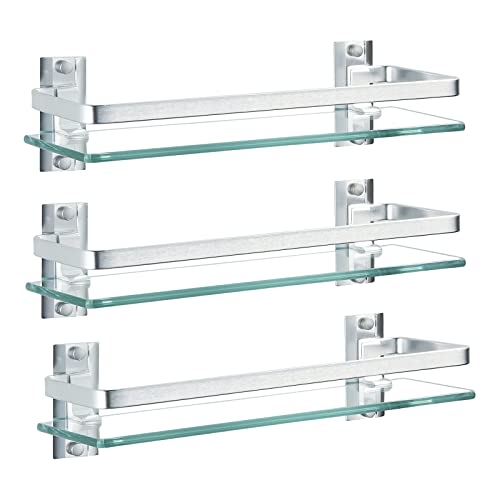 AIJALY 3 Pack Bathroom Glass ShelfAluminum Tempered Glass 034in Extra Thick Rectangular 1 Tier Storage Organizer Wall MountSilver 157in