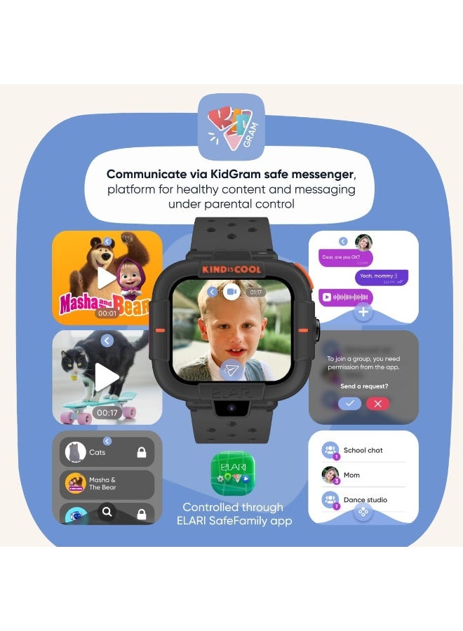 إيلاري هاتف Elari Kid Phone Masha and the Bear - ساعة ذكية للأطفال بتقنية 4G مع نظام تحديد المواقع العالمي (GPS) للأولاد والبنات، مكالمات صوتية ومرئية ثنائية الاتجاه، زر استغاثة، كاميرتان (أسود) - Image 4