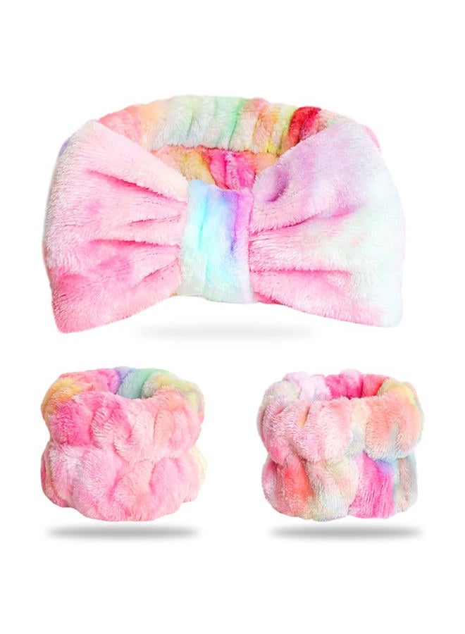 WSYUB Spa Headband and Wrist Bands, Makeup Headband and Wrist Towels for Washing Face, Fuzzy Bow Headbands, Soft Facial Head Bands, Shower Skincare Hair Sleepover Party Supplies - Image 1