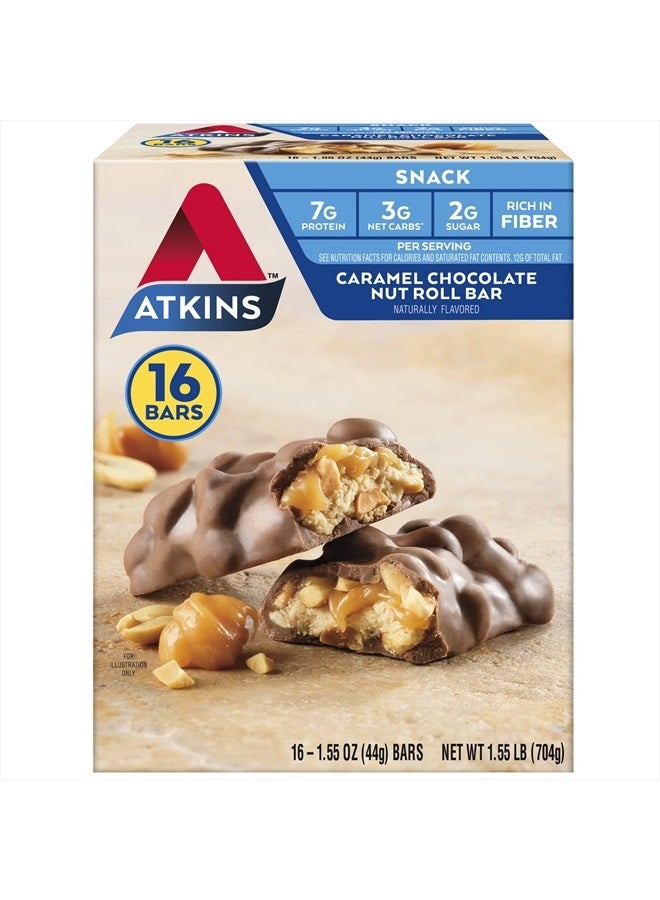 Atkins بار الوجبات الخفيفة بالكراميل والشوكولاتة والمكسرات، وجبة خفيفة بروتينية، غنية بالألياف، 2 جرام سكر، 16 قطعة - Image 1