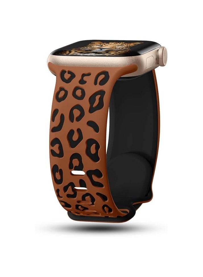 Engraved Leopard Bands Compatible with Apple Watch Band 42mm 40mm 41mm 38mm Women, Silicone Cheetah Designer Strap for iWatch Series 10 9 8 7 6 5 4 3 2 SE Ultra, Brown & Black  - Image 1