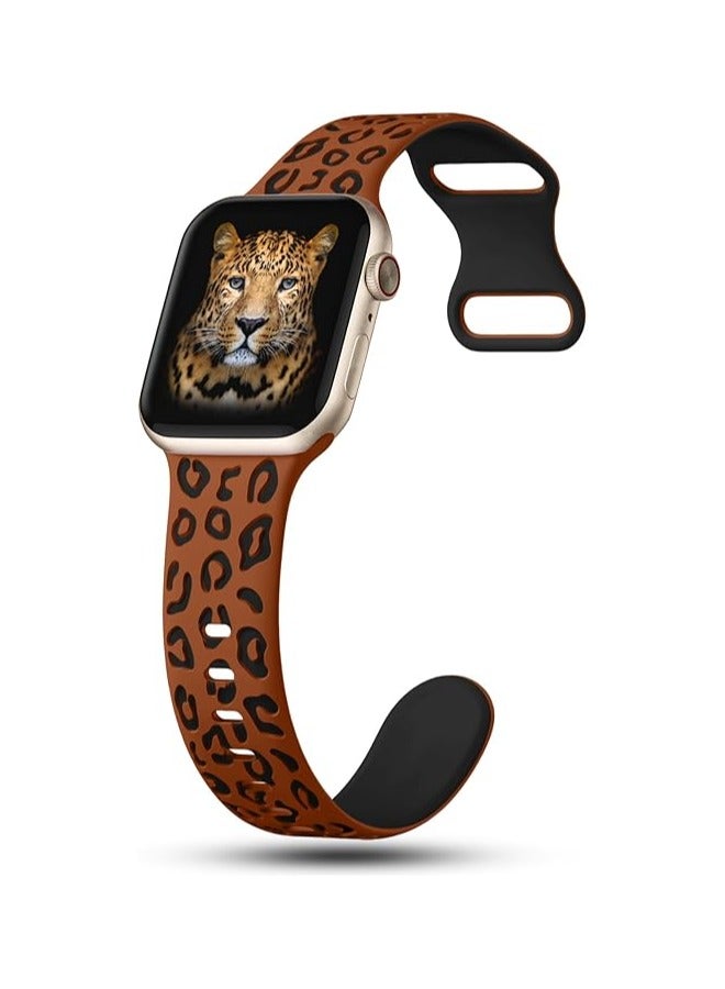 Engraved Leopard Bands Compatible with Apple Watch Band 42mm 40mm 41mm 38mm Women, Silicone Cheetah Designer Strap for iWatch Series 10 9 8 7 6 5 4 3 2 SE Ultra, Brown & Black  - Image 2