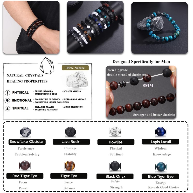 FIRAZIO 10 Pcs Tiger Eye Bracelet For Men 8MM Natural Stone Beads Bracelet Set Stretch Lava Rock Bracelets Adjustable Black Crystal Beaded Bracelet for Men Women Gift - Image 3