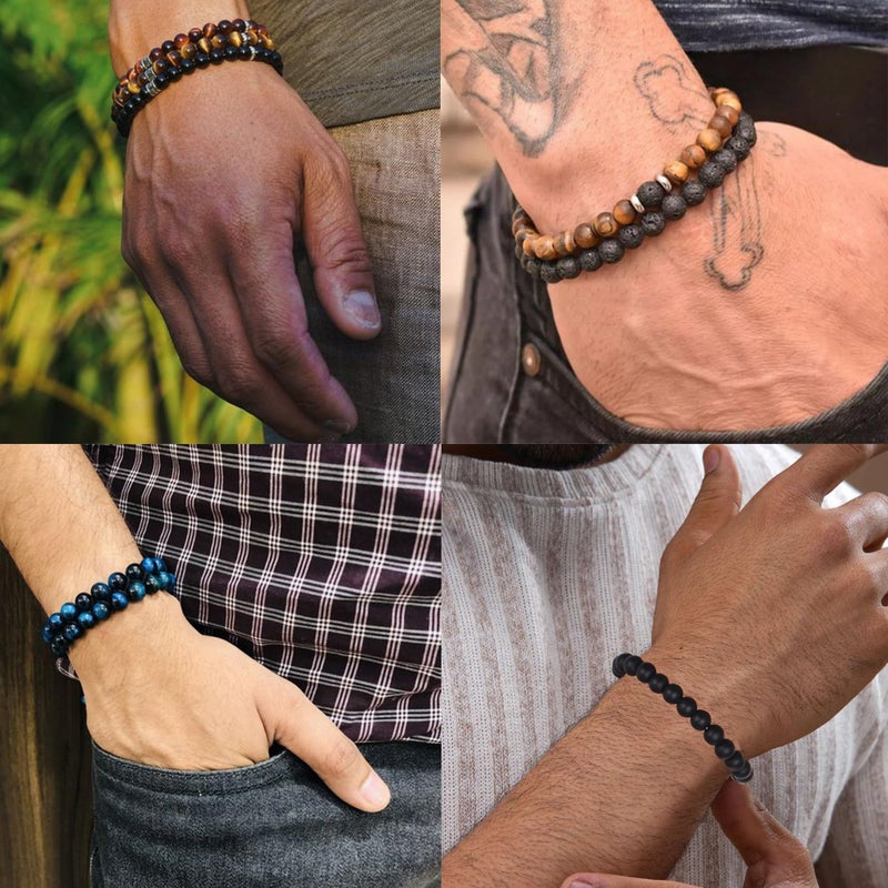 FIRAZIO 10 Pcs Tiger Eye Bracelet For Men 8MM Natural Stone Beads Bracelet Set Stretch Lava Rock Bracelets Adjustable Black Crystal Beaded Bracelet for Men Women Gift - Image 2