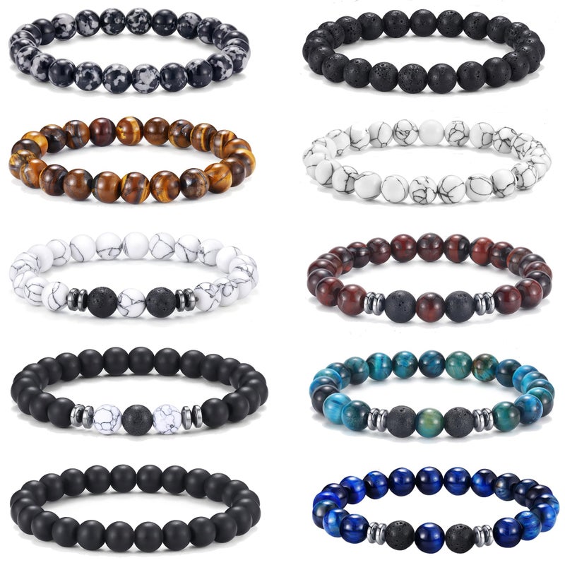 FIRAZIO 10 Pcs Tiger Eye Bracelet For Men 8MM Natural Stone Beads Bracelet Set Stretch Lava Rock Bracelets Adjustable Black Crystal Beaded Bracelet for Men Women Gift - Image 1