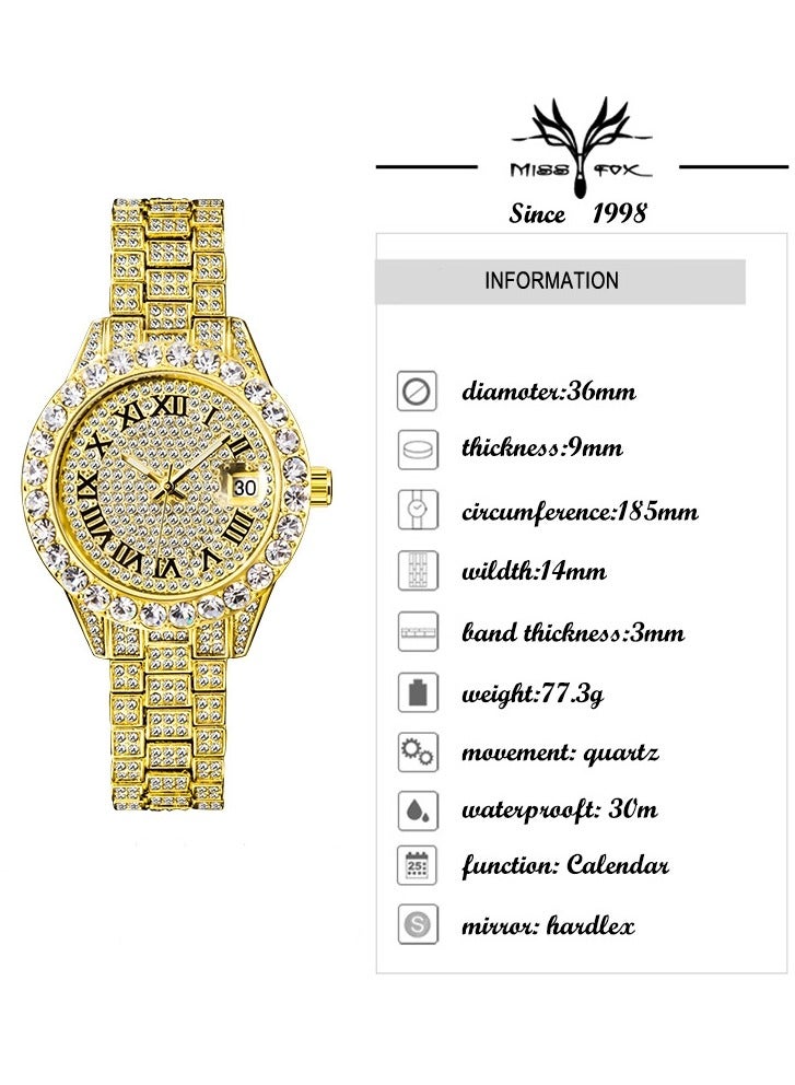 MISS FOX Fashion Diamond Waterproof Calendar Full Diamond Luminous Ladies Quartz Watch Japanese Quartz 30 Meters Waterproof Formal Casual Watch - Image 3
