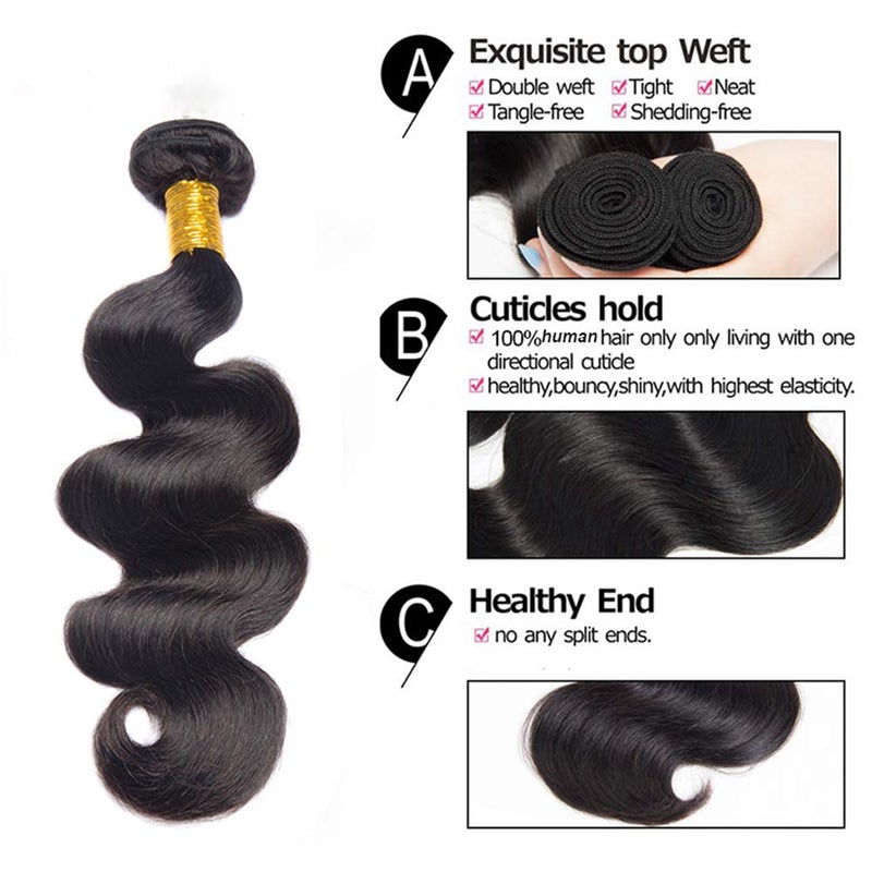 Katspon Body Wave 3 Bundles with Closure 100% Unprocessed Brazilian Body Wave Human Hair Weave with 4x4 Free Part Lace Closure Natural Color (14 16 18+12,Bundles with Closure) - Image 2