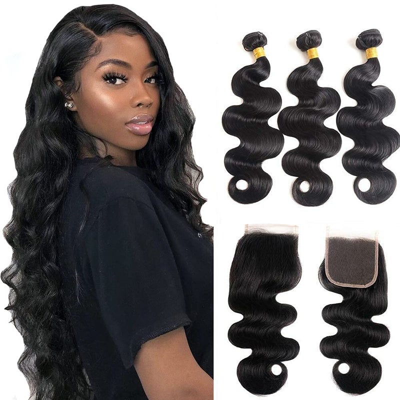 Katspon Body Wave 3 Bundles with Closure 100% Unprocessed Brazilian Body Wave Human Hair Weave with 4x4 Free Part Lace Closure Natural Color (14 16 18+12,Bundles with Closure) - Image 1