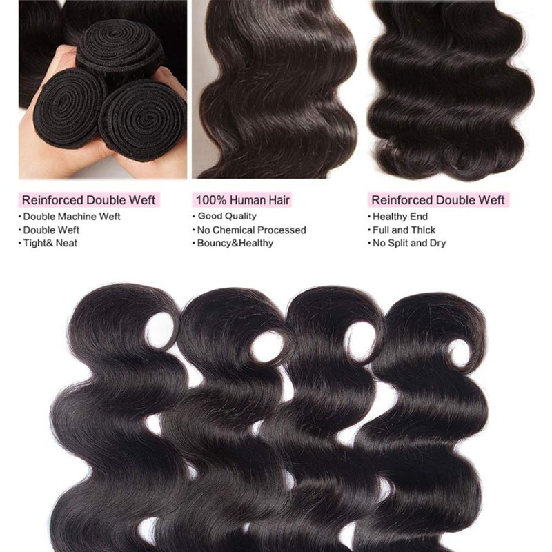Katspon Body Wave 3 Bundles with Closure 100% Unprocessed Brazilian Body Wave Human Hair Weave with 4x4 Free Part Lace Closure Natural Color (14 16 18+12,Bundles with Closure) - Image 4