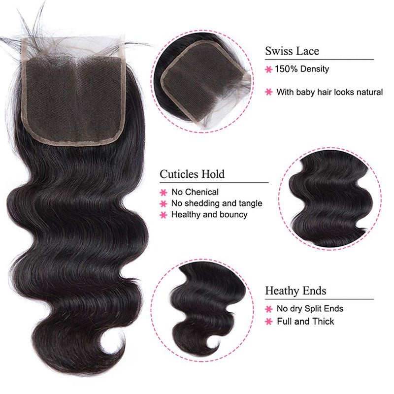 Katspon Body Wave 3 Bundles with Closure 100% Unprocessed Brazilian Body Wave Human Hair Weave with 4x4 Free Part Lace Closure Natural Color (14 16 18+12,Bundles with Closure) - Image 3