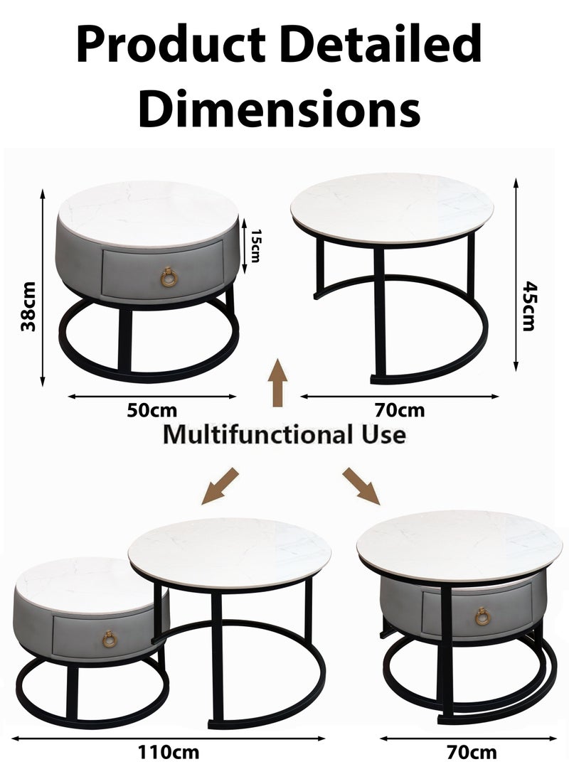 Modern Faux Marble Finish Round Nesting Coffee Table Set of 2 One Small With Drawer and One Big Side Tea Tables with Black Steel Base Space Saving Design Durable 10mm Sintered Stone Top Waterproof and Scratch-Resistant Perfect for Home Living Room Bedroom Outdoor Garden Patio or Small Spaces Versatile End Table, Sofa Side, Center Table Bedside Tables Stackable Accent Table