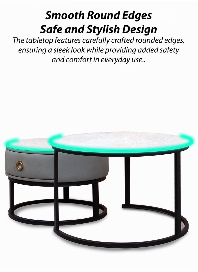 Modern Faux Marble Finish Round Nesting Coffee Table Set of 2 One Small With Drawer and One Big Side Tea Tables with Black Steel Base Space Saving Design Durable 10mm Sintered Stone Top Waterproof and Scratch-Resistant Perfect for Home Living Room Bedroom Outdoor Garden Patio or Small Spaces Versatile End Table, Sofa Side, Center Table Bedside Tables Stackable Accent Table