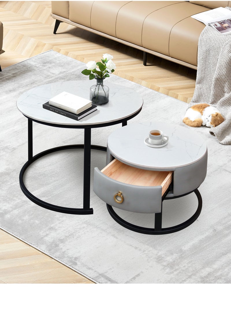 Modern Faux Marble Finish Round Nesting Coffee Table Set of 2 One Small With Drawer and One Big Side Tea Tables with Black Steel Base Space Saving Design Durable 10mm Sintered Stone Top Waterproof and Scratch-Resistant Perfect for Home Living Room Bedroom Outdoor Garden Patio or Small Spaces Versatile End Table, Sofa Side, Center Table Bedside Tables Stackable Accent Table