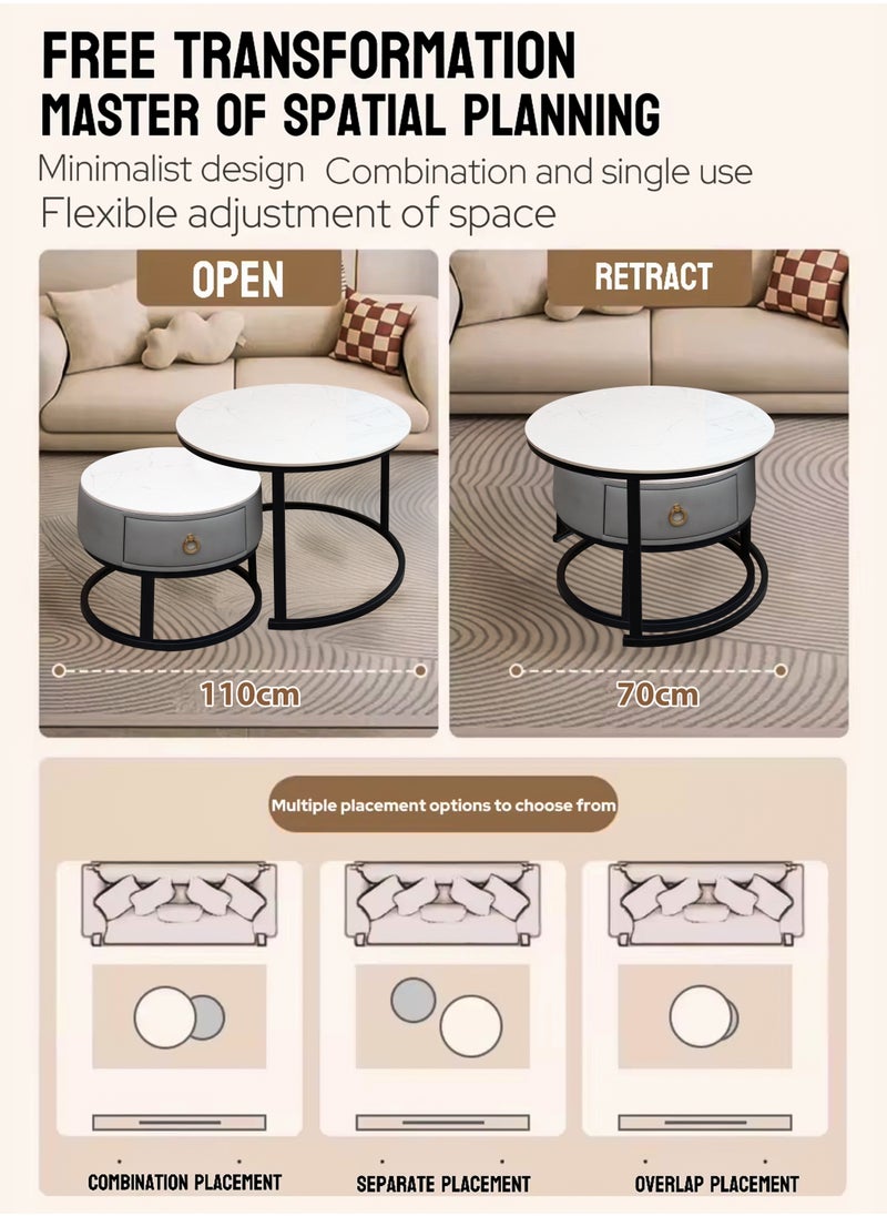 Modern Faux Marble Finish Round Nesting Coffee Table Set of 2 One Small With Drawer and One Big Side Tea Tables with Black Steel Base Space Saving Design Durable 10mm Sintered Stone Top Waterproof and Scratch-Resistant Perfect for Home Living Room Bedroom Outdoor Garden Patio or Small Spaces Versatile End Table, Sofa Side, Center Table Bedside Tables Stackable Accent Table