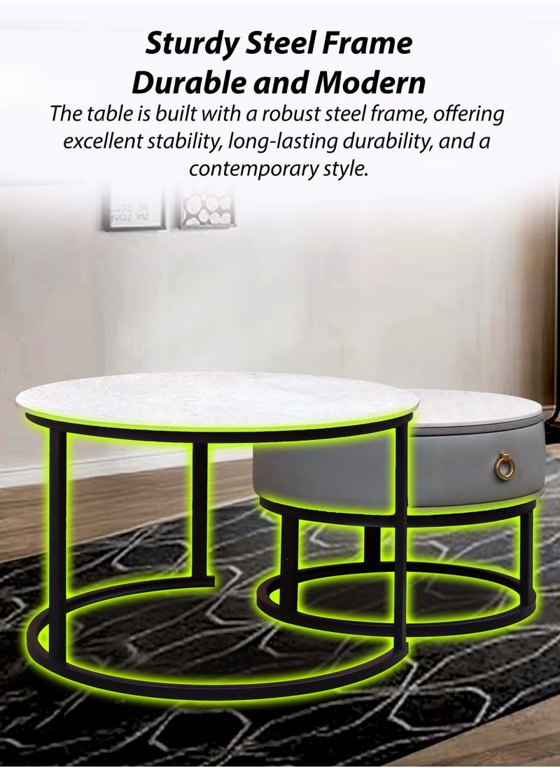 Modern Faux Marble Finish Round Nesting Coffee Table Set of 2 One Small With Drawer and One Big Side Tea Tables with Black Steel Base Space Saving Design Durable 10mm Sintered Stone Top Waterproof and Scratch-Resistant Perfect for Home Living Room Bedroom Outdoor Garden Patio or Small Spaces Versatile End Table, Sofa Side, Center Table Bedside Tables Stackable Accent Table