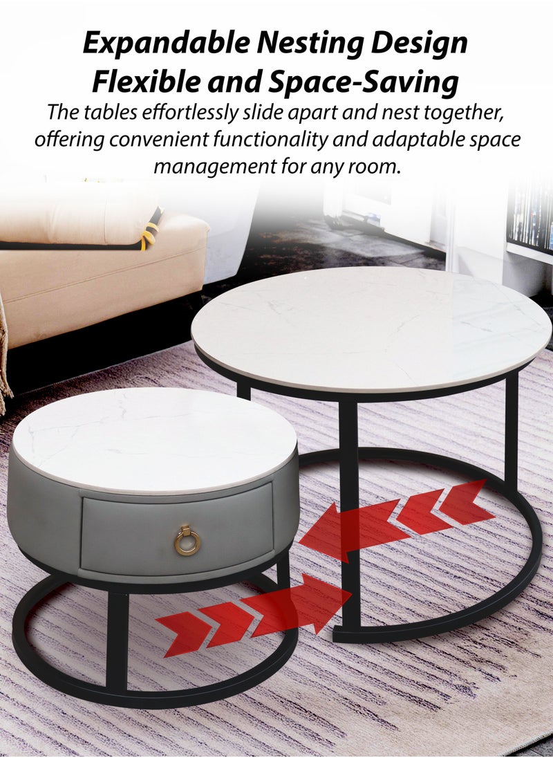 Modern Faux Marble Finish Round Nesting Coffee Table Set of 2 One Small With Drawer and One Big Side Tea Tables with Black Steel Base Space Saving Design Durable 10mm Sintered Stone Top Waterproof and Scratch-Resistant Perfect for Home Living Room Bedroom Outdoor Garden Patio or Small Spaces Versatile End Table, Sofa Side, Center Table Bedside Tables Stackable Accent Table