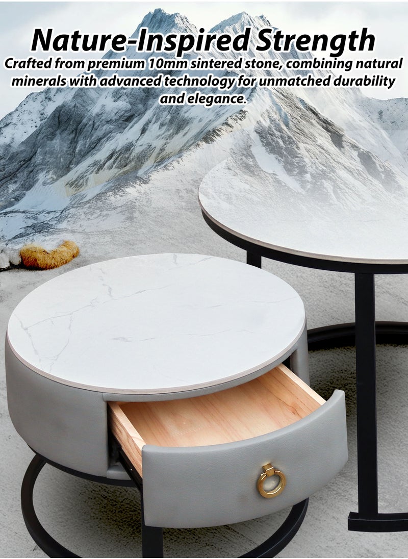Modern Faux Marble Finish Round Nesting Coffee Table Set of 2 One Small With Drawer and One Big Side Tea Tables with Black Steel Base Space Saving Design Durable 10mm Sintered Stone Top Waterproof and Scratch-Resistant Perfect for Home Living Room Bedroom Outdoor Garden Patio or Small Spaces Versatile End Table, Sofa Side, Center Table Bedside Tables Stackable Accent Table