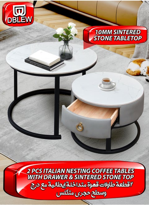 Modern Faux Marble Finish Round Nesting Coffee Table Set of 2 One Small With Drawer and One Big Side Tea Tables with Black Steel Base Space Saving Design Durable 10mm Sintered Stone Top Waterproof and Scratch-Resistant Perfect for Home Living Room Bedroom Outdoor Garden Patio or Small Spaces Versatile End Table, Sofa Side, Center Table Bedside Tables Stackable Accent Table