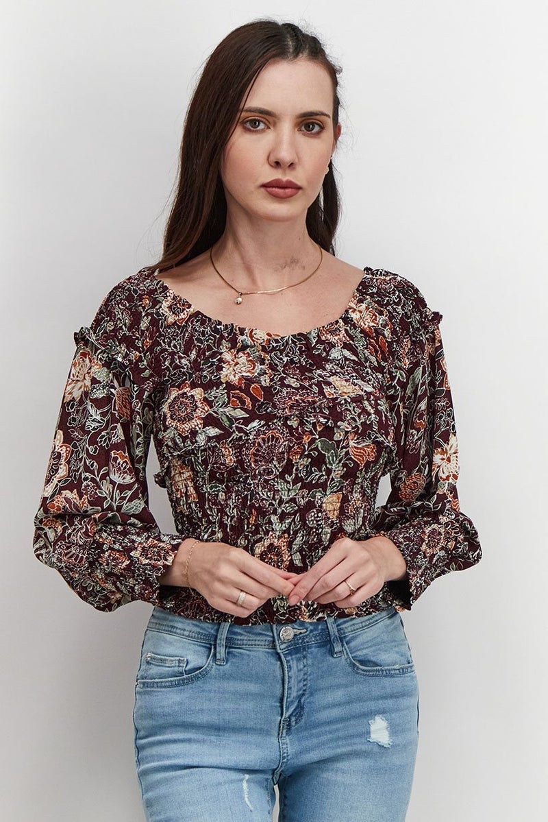 BB Dakota Women Scoop Neckline Long Sleeve Floral Print Ruched Top, Maroon - Image 1