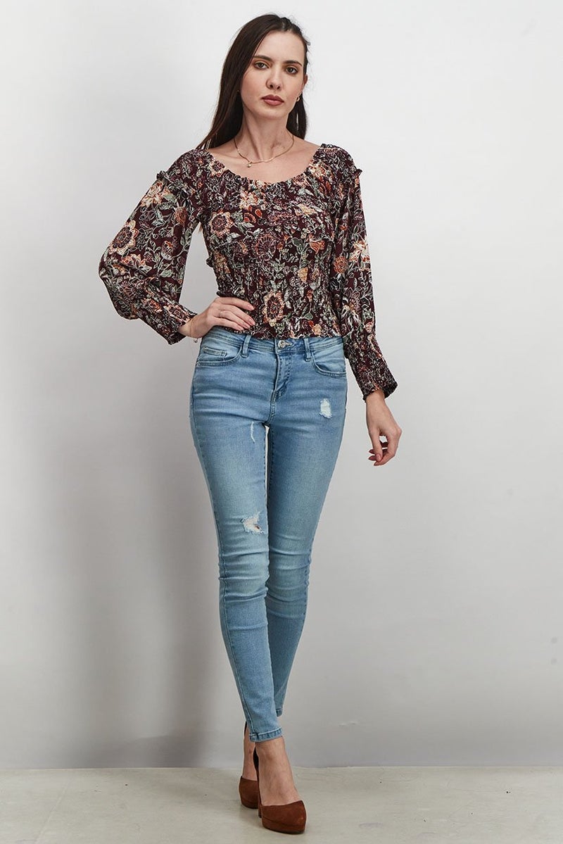 BB Dakota Women Scoop Neckline Long Sleeve Floral Print Ruched Top, Maroon - Image 3