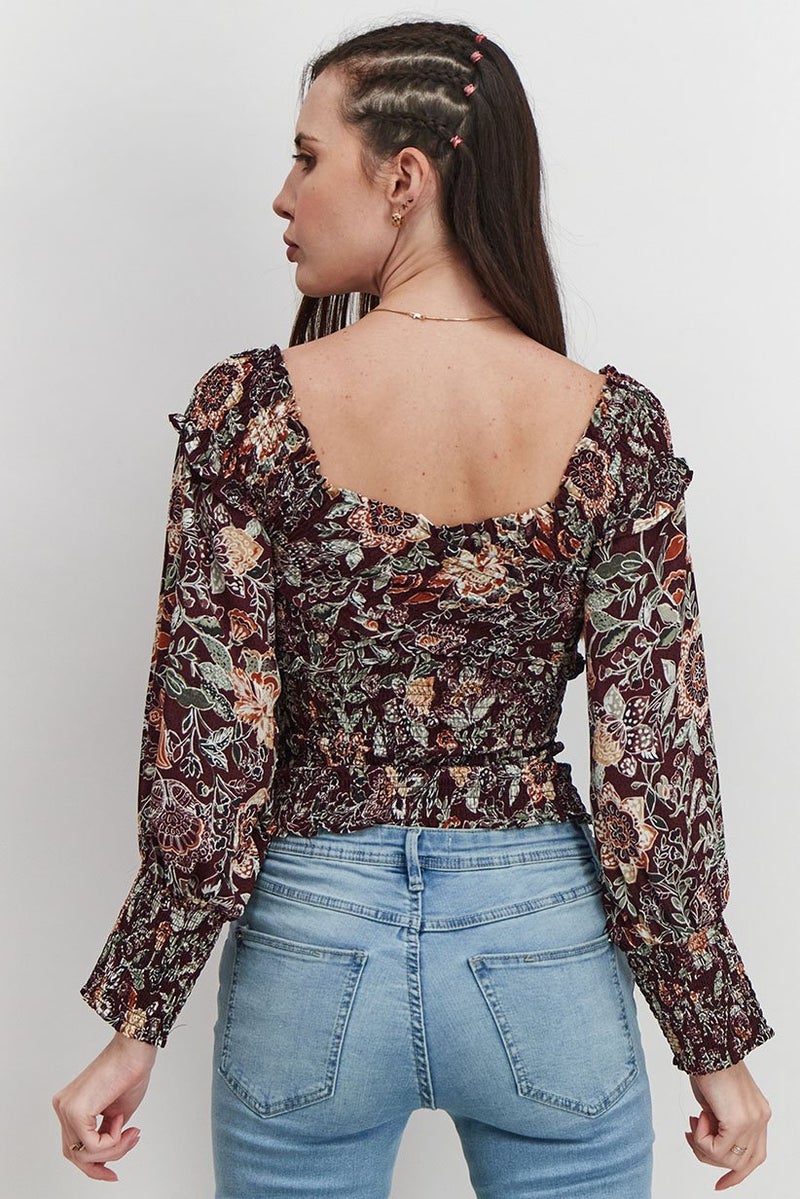 BB Dakota Women Scoop Neckline Long Sleeve Floral Print Ruched Top, Maroon - Image 4