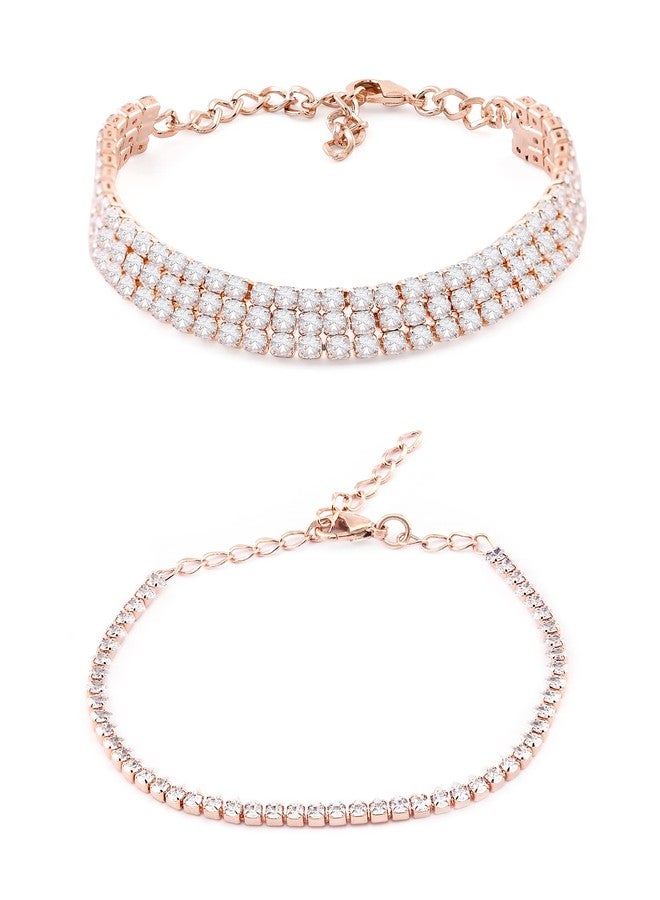 Zaveri Pearls مجموعة من سوارين من زافيري بيرلز، مصنوعين من الذهب الوردي ومرصعين بالزركونيا المكعبة، بتصميم عصري مناسب للتنس للنساء - ZPFK13435 - Image 1