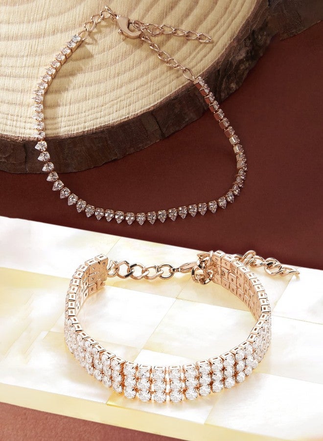 Zaveri Pearls مجموعة من سوارين من زافيري بيرلز، مصنوعين من الذهب الوردي ومرصعين بالزركونيا المكعبة، بتصميم عصري مناسب للتنس للنساء - ZPFK13435 - Image 2
