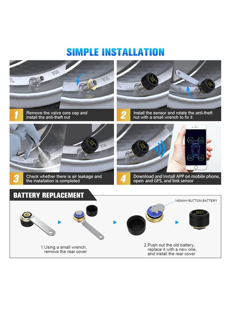 SYOSI - Tire Pressure Monitoring System, Bluetooth 5.0 Wireless TPMS Real-time Display Tire Pressure Sensor and Temperature Tire Monitor for Cars, Bicycles, Bikes, Motorcycles, Support iOS and Android (4 PCS) - Image 1