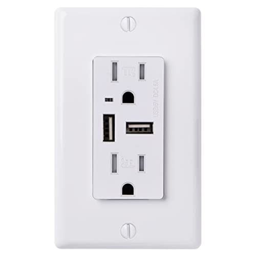 Faith 4.6A White USB Wall Outlet, 15A Tamper-Resistant Receptacles with Wall Plate, 2 Outlets with USB Ports, Compatible with iPhone, Samsung Devices, and More, 1-Pack - Image 3