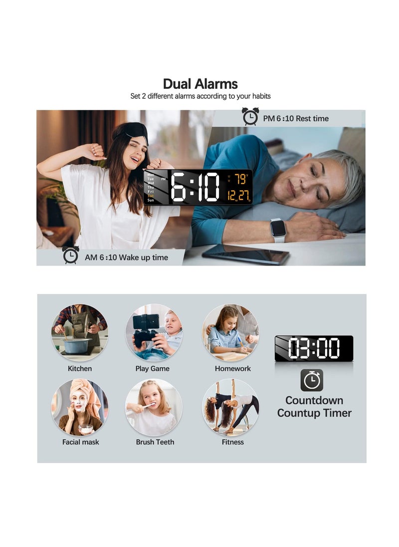 GLITZEN Digital Alarm Wall Clock 10 Large with Remote Control AutoCustom DimmerTempHumidityDual Alarms Living Room DcorGymGarage Font Colour May Vary Rectangle Wall Clock