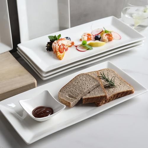 MVYAVYUS Rectangular Serving Platter Set, 12 Inch Large Serving Plates, Stackable Serving Tray for Wedding, Ceramic White Serving Platters for Entertaining, Dishwasher & Oven Safe, Gift for Housewarming (4PCS) - Image 2