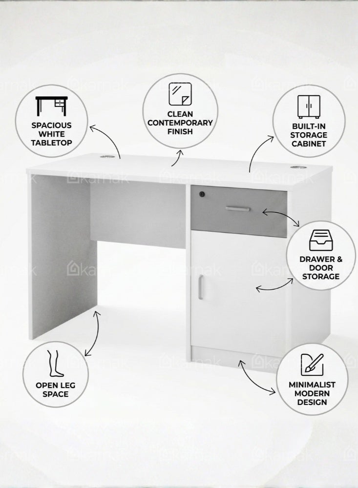 KARNAK Casalux Office Table with Drawer Storage Cabinet, Cable Management Support and MDF Construction, White, 120cm - Image 3
