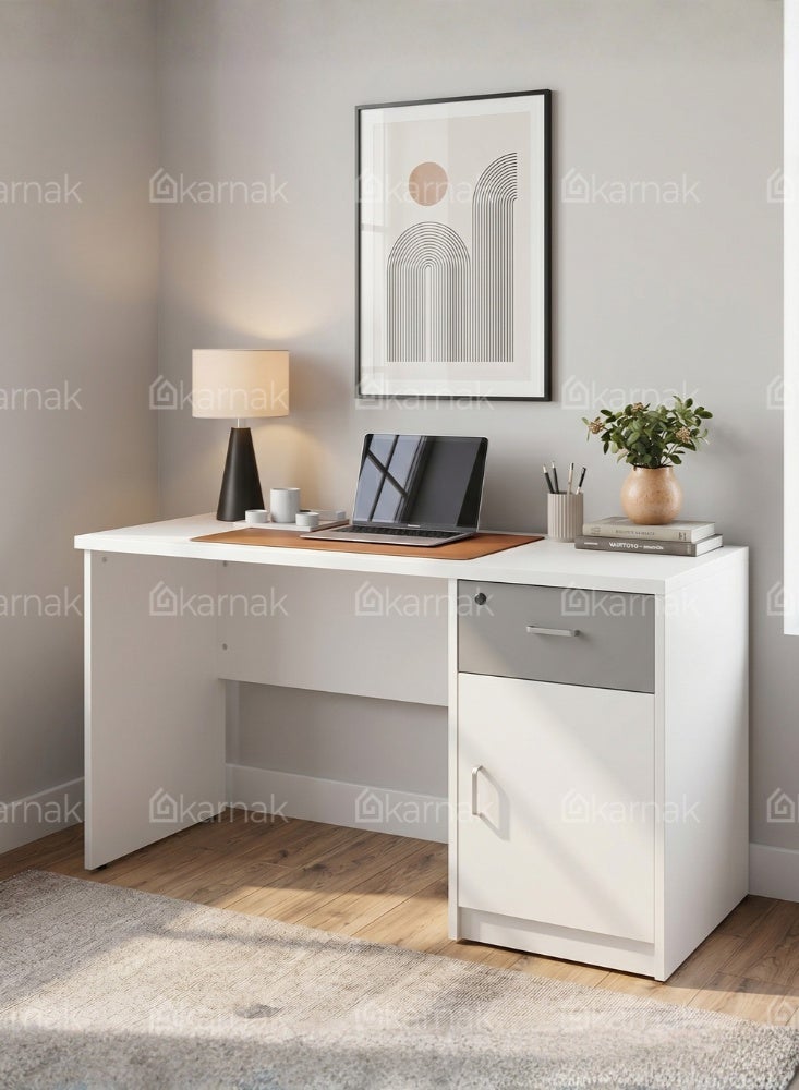 KARNAK Casalux Office Table with Drawer Storage Cabinet, Cable Management Support and MDF Construction, White, 120cm - Image 4