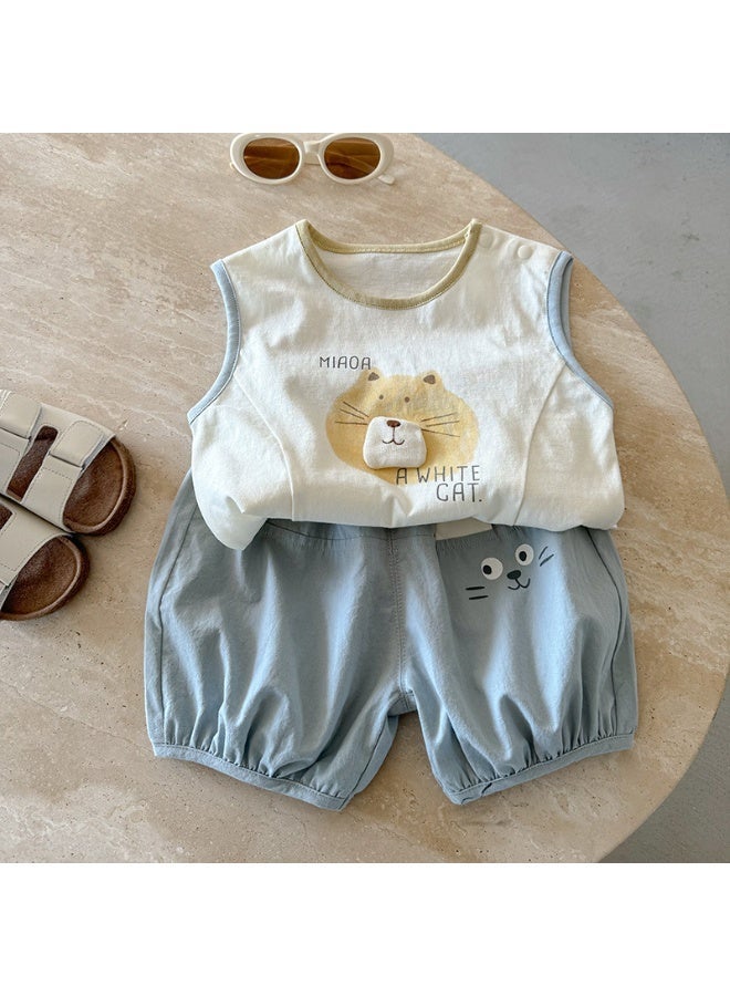 Little Boy Vest and Pants Set with Adorable Patterns, Stylish 2-Piece Outfit for Boys, Summer Outfit with Round Neck Sleeveless Top and Elastic Waist Pants, Perfect for Daily Wear or Various Occasions - Image 1