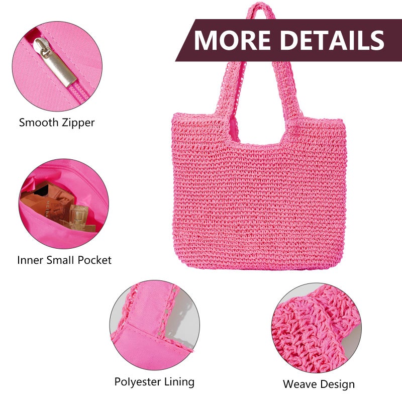 GOLDTIMO Beach Bags for Women - Summer Soft Large Woven Shoulder Purse Handbag, Beach Tote Straw Bag for Summer Vacation, Rose - Image 5