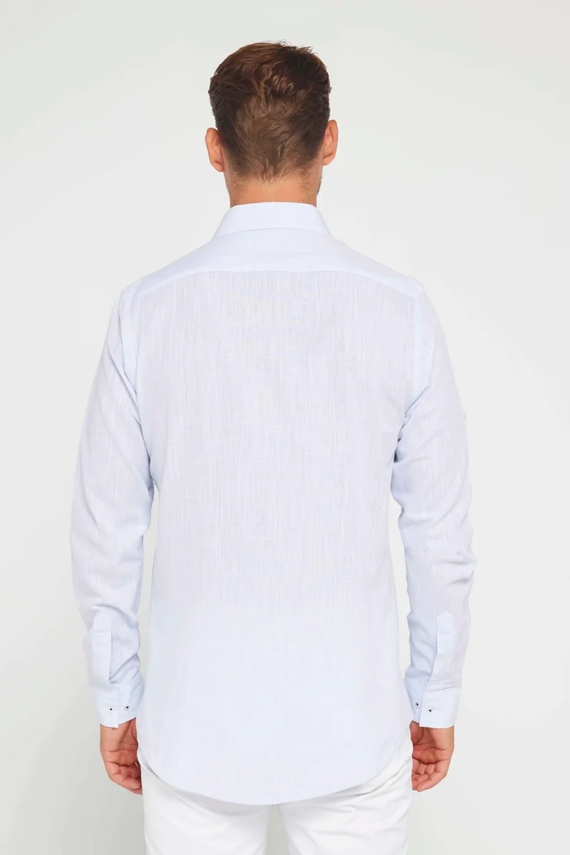 تودورس Men's Slim Fit Slim Fit Long Sleeve Cotton Linen Texture Blue Shirt with Epaulettes