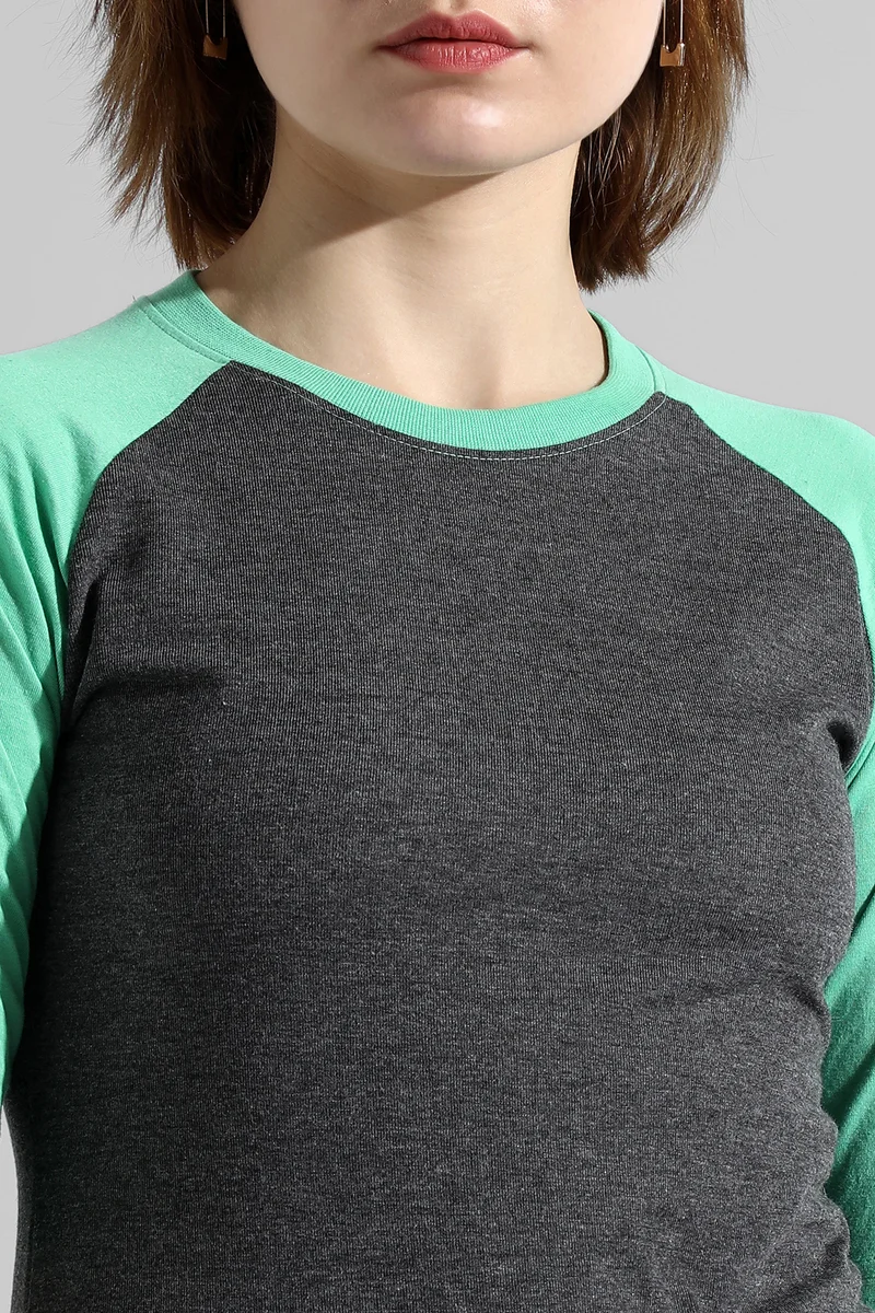 Campus Sutra Women's Mint Green & Charcoal Grey Raglan-Sleeved Top