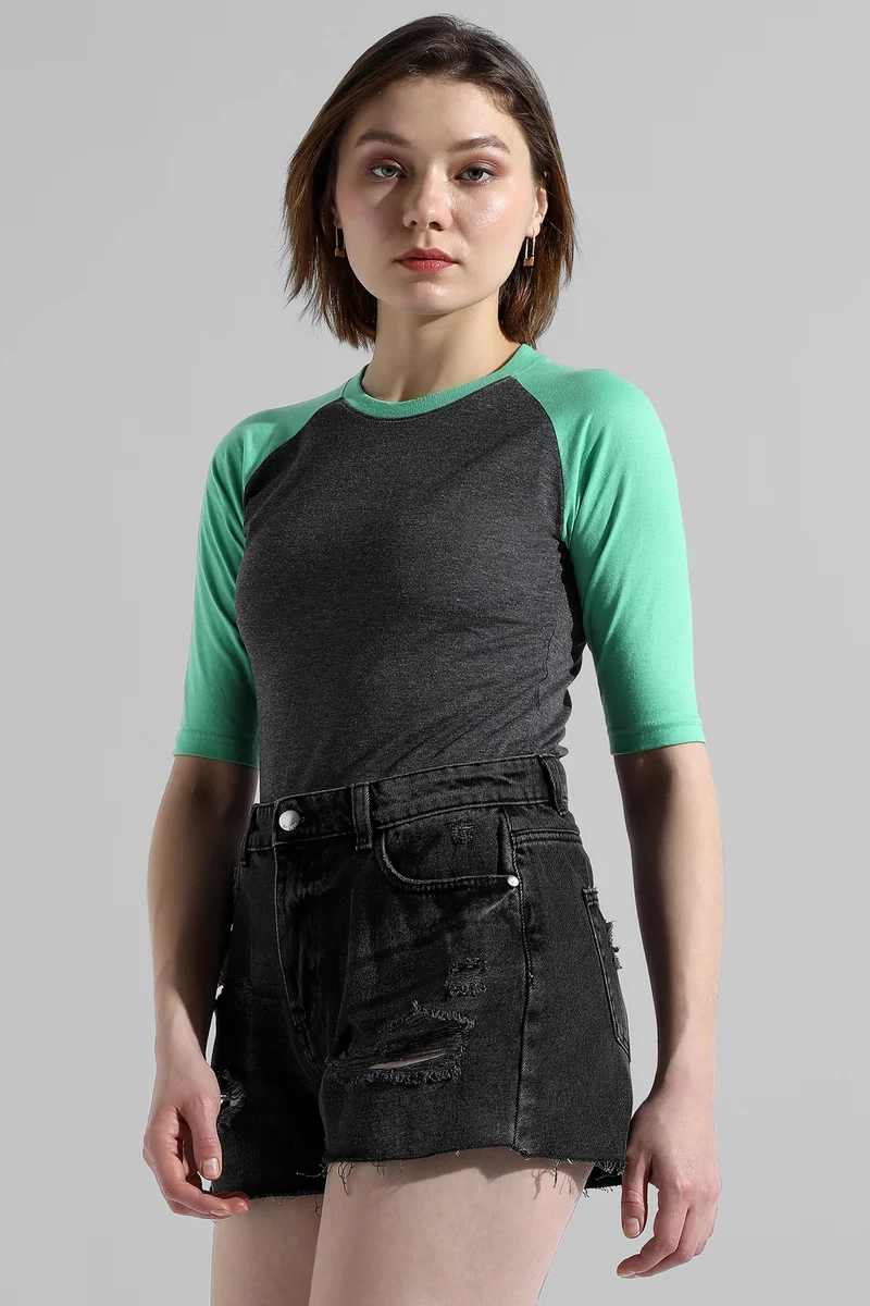 Campus Sutra Women's Mint Green & Charcoal Grey Raglan-Sleeved Top