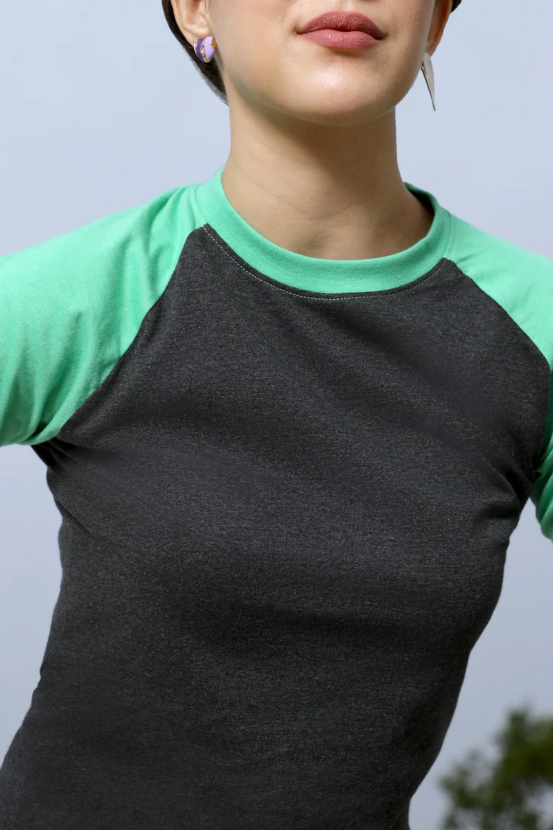 Campus Sutra Women's Mint Green & Charcoal Grey Raglan-Sleeved Top