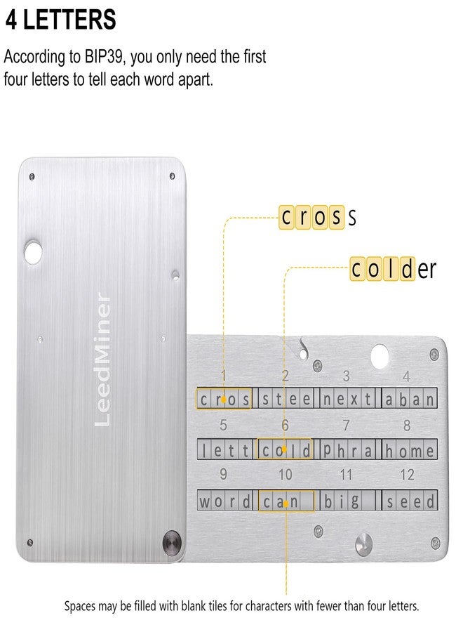 SAMYERLEN Seed Phrase Storage,Crypto Seed Backup 4 Plates Letter 24 Words Bitcoin Crypto Seed Metal Plate, Compatible with BIP39 Hardware Wallets, Ledger, KeepKey, Trezor - Image 2