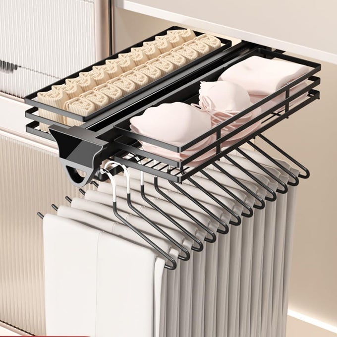 PULL OUT CLOSET ROD WITH BASKET CLOSET CLOTHES HANGER RAILWARDROBE CLOTHING RAIL PULL OUT BASKET18 IN CLOSET ORGANIZER RACK FOR PANTS AND COATLOAD 77LBS BLACKWHITE LL01