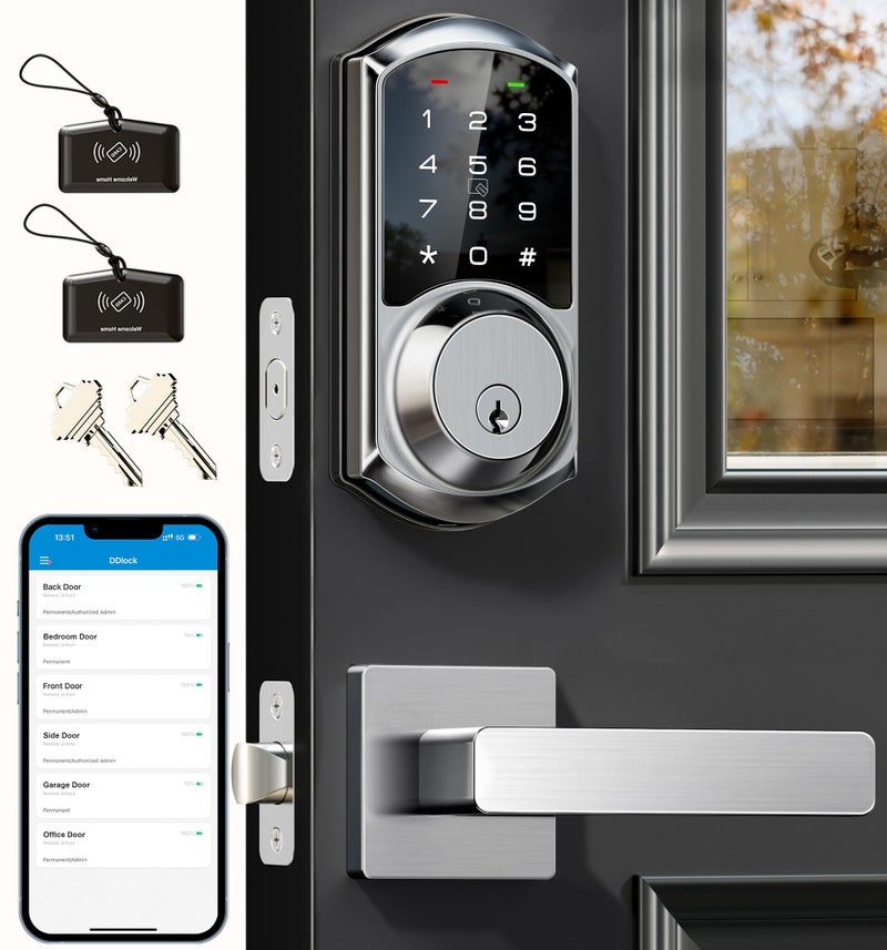 Veise VE06-L Smart Locks with 2 Lever Handle Set, App Control, Keyless Entry Deadbolt for Front Door, Electronic Digital Touchscreen Keypad, Auto Lock, Waterproof, Easy Installation, Satin Nickel - Image 1