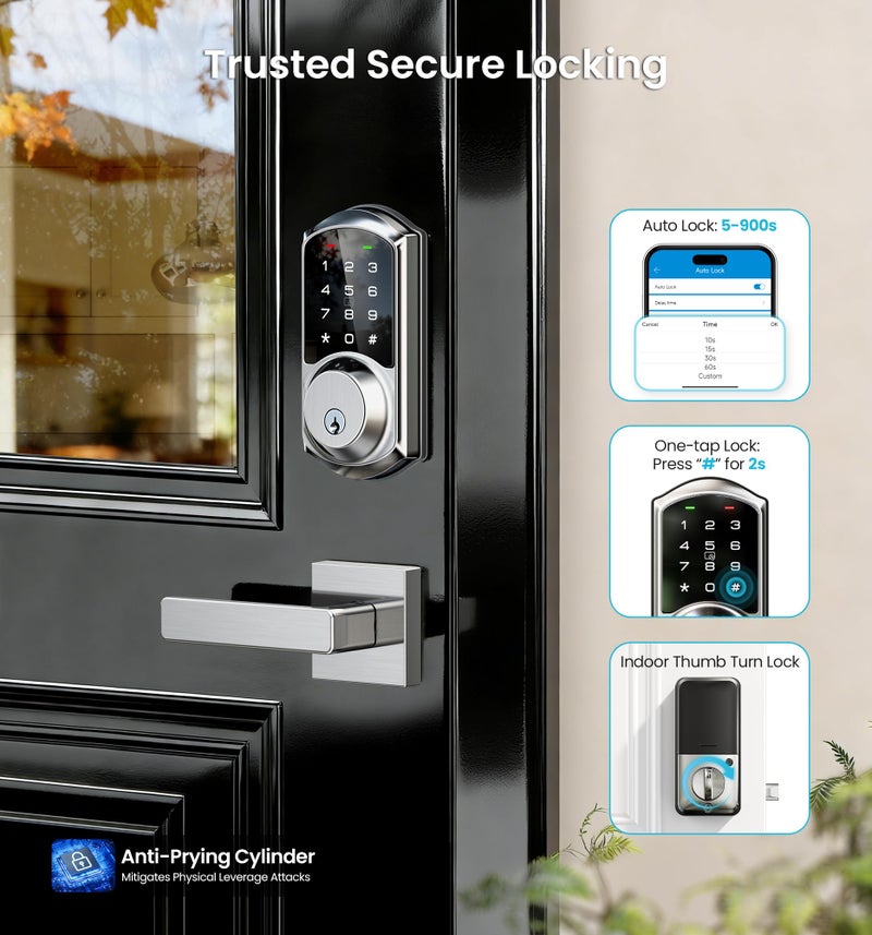 Veise VE06-L Smart Locks with 2 Lever Handle Set, App Control, Keyless Entry Deadbolt for Front Door, Electronic Digital Touchscreen Keypad, Auto Lock, Waterproof, Easy Installation, Satin Nickel - Image 3