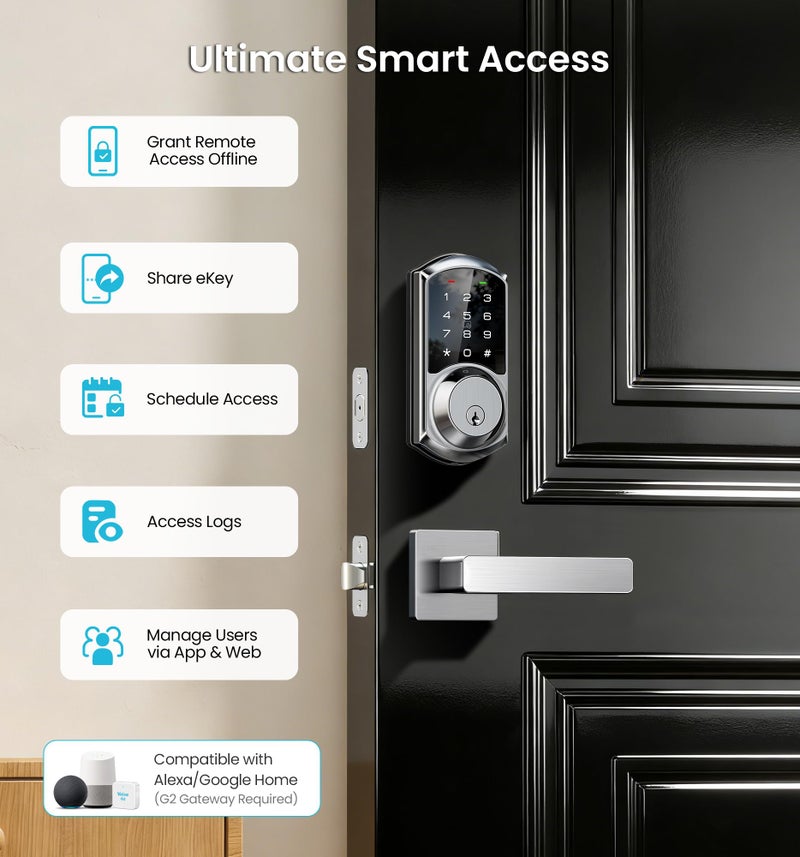Veise VE06-L Smart Locks with 2 Lever Handle Set, App Control, Keyless Entry Deadbolt for Front Door, Electronic Digital Touchscreen Keypad, Auto Lock, Waterproof, Easy Installation, Satin Nickel - Image 4