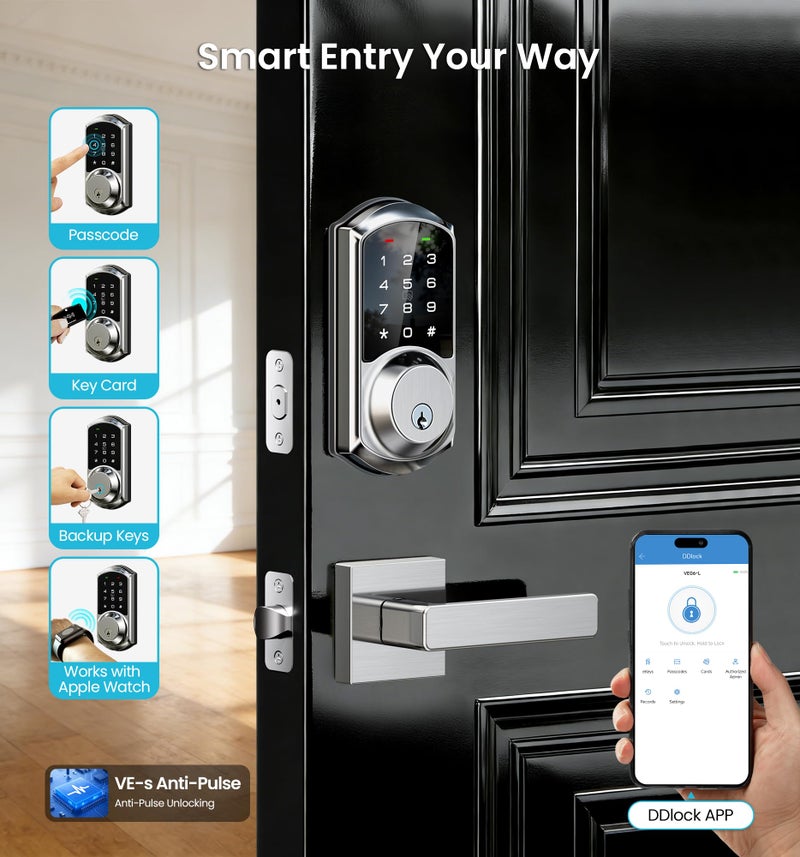 Veise VE06-L Smart Locks with 2 Lever Handle Set, App Control, Keyless Entry Deadbolt for Front Door, Electronic Digital Touchscreen Keypad, Auto Lock, Waterproof, Easy Installation, Satin Nickel - Image 2