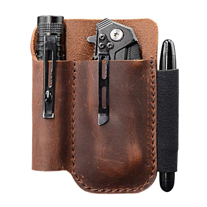 diodrio EDC Leather Pocket Pouch, Knife Organizer Pouch, Pocket Slip, EDC Carrier, with Pen Loop, Everyday Carry Organizers, Full Grain Leather. Chestnut. - Image 1