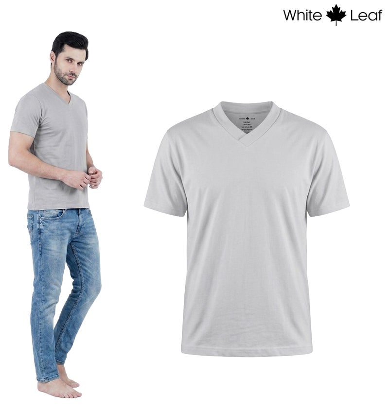 WHITE LEAF Men's V-Neck T-Shirt 1 Piece – 100% Combed Cotton Breathable Comfortable Casual Wear, Grey Melange - Image 1