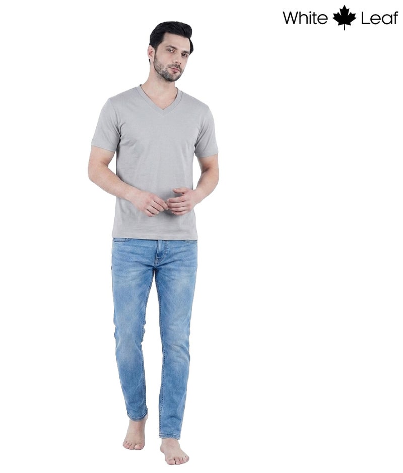 WHITE LEAF Men's V-Neck T-Shirt 1 Piece – 100% Combed Cotton Breathable Comfortable Casual Wear, Grey Melange - Image 3