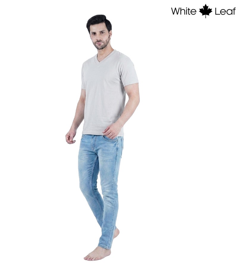 WHITE LEAF Men's V-Neck T-Shirt 1 Piece – 100% Combed Cotton Breathable Comfortable Casual Wear, Grey Melange - Image 4