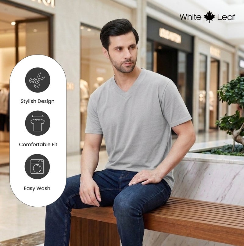 WHITE LEAF Men's V-Neck T-Shirt 1 Piece – 100% Combed Cotton Breathable Comfortable Casual Wear, Grey Melange - Image 5
